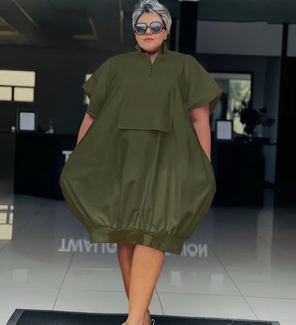 Plus size maxi dress in dark olive-green, short sleeves and front button placket