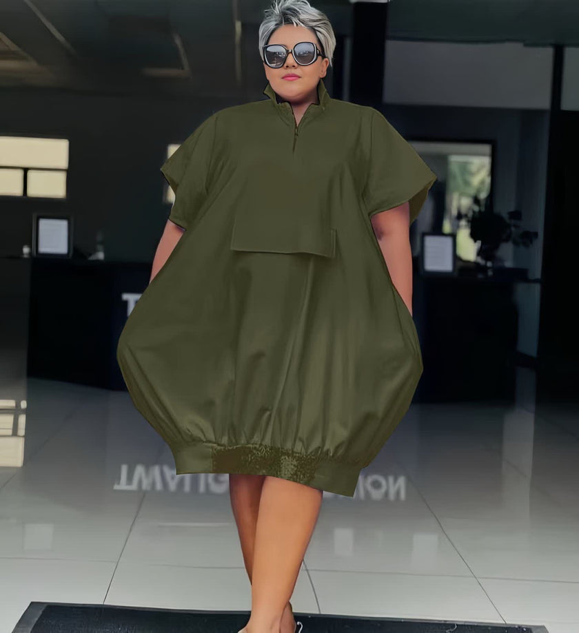 Plus size maxi dress in dark olive-green, short sleeves and front button placket