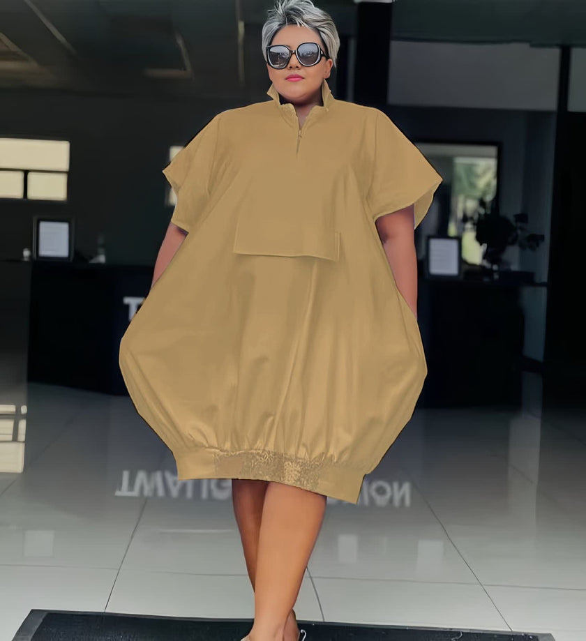 Plus size maxi dress in burlywood, short sleeves and front button placket