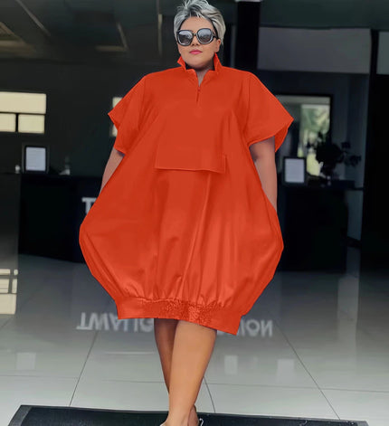 Plus size maxi dress in orange-red, short sleeves and front button placket