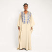 Beige kaftan maxi dress with blue geometric fringe at V-neck
