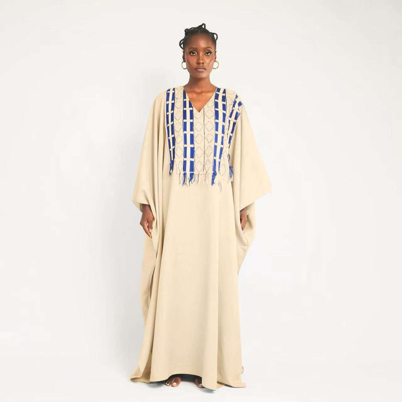 Beige kaftan maxi dress with blue geometric fringe at V-neck