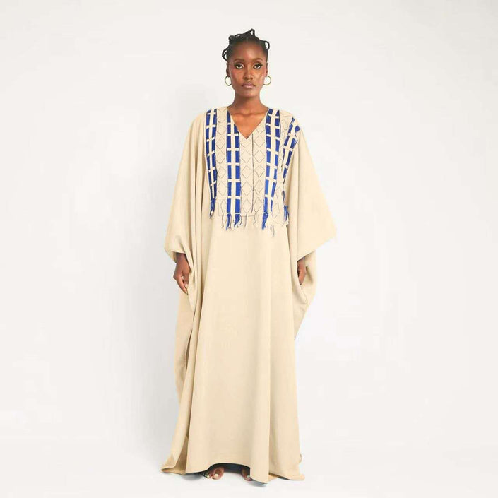 Beige kaftan maxi dress with blue geometric fringe at V-neck