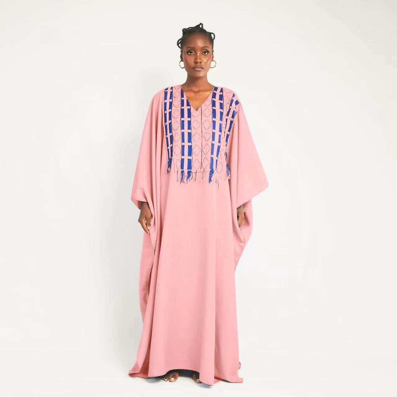 Pink kaftan maxi dress with blue geometric fringe at V-neck