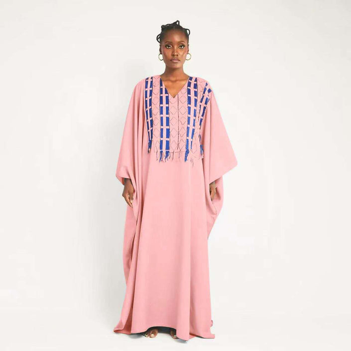 Pink kaftan maxi dress with blue geometric fringe at V-neck