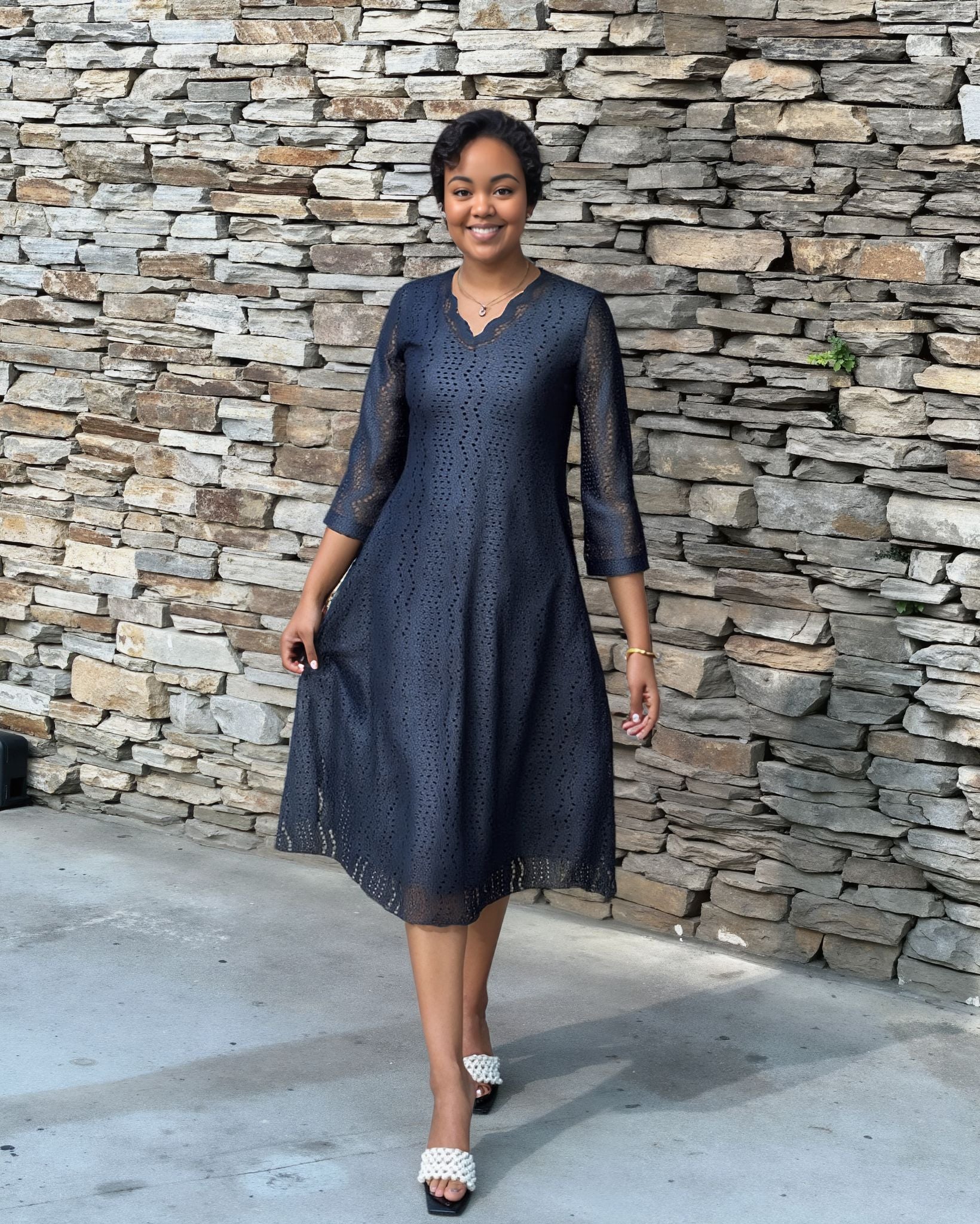 Eyelet midi dress with scalloped neckline, dark navy, three-quarter sleeves