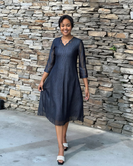 Eyelet midi dress with scalloped neckline, dark navy, three-quarter sleeves