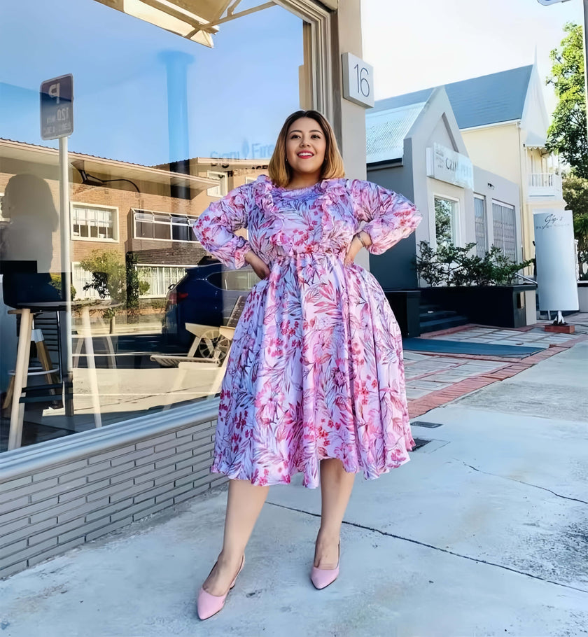 Plus size floral midi dress, long sleeves, pink and purple, gathered skirt