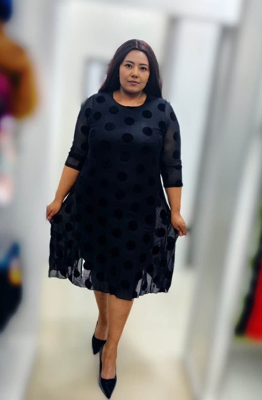 Plus size A-line sheer dress, dark with large polka dots and 3/4 sleeves