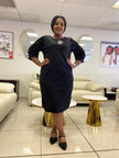 Women's Mid-Length Beaded Dress, Round Neck 3/4 Sleeves, Floral Pattern, Elegant Design