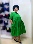 Bright green plus-size midi ruffle dress with short sleeves, tiered skirt, button front