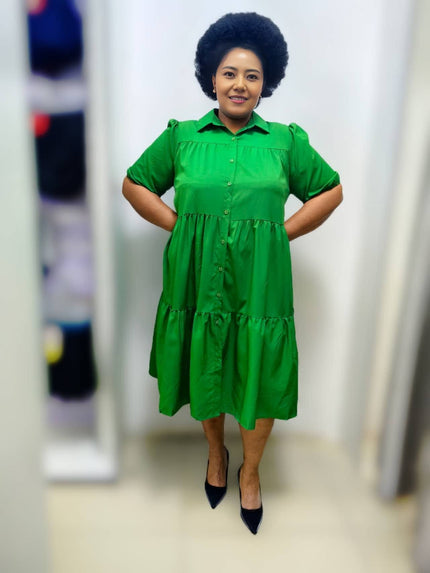Bright green plus-size midi ruffle dress with collar, short sleeves, tiered skirt