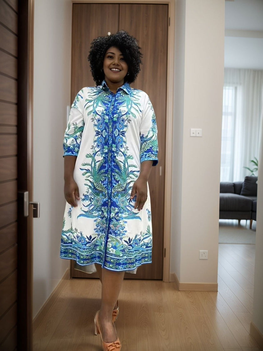 Floral midi button-front dress on white with blue and green, 3/4 sleeves