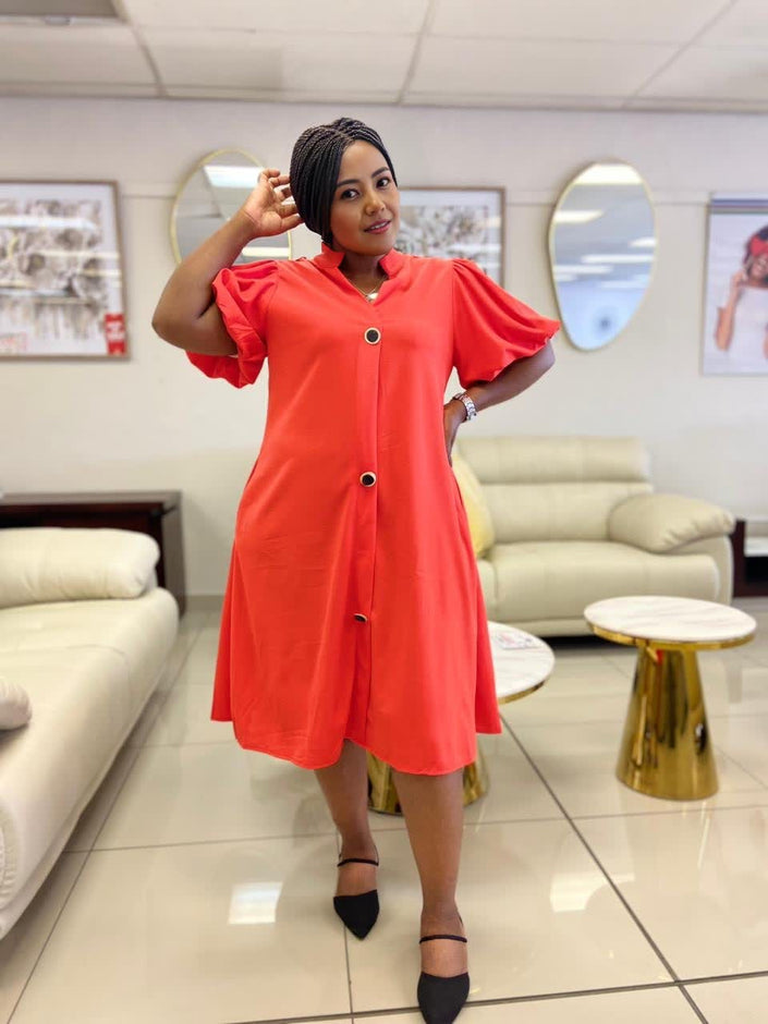 Loose Fit Dress with Front Button Decoration, Short Sleeve Design