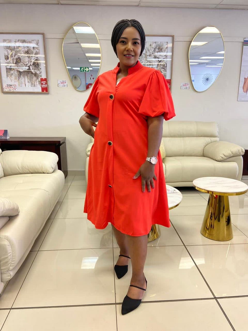 Orange-red puff-sleeve button midi dress, loose fit, round neckline, front buttons.