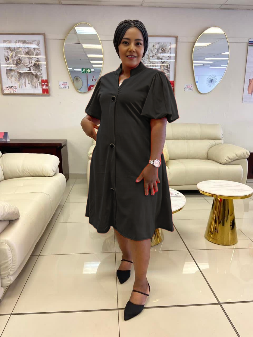 Black puff-sleeve button midi dress, loose fit, short puff sleeves with front buttons.