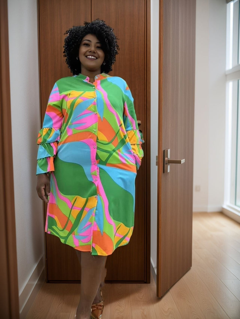 Plus size abstract ruffle-sleeve dress, multicolor geometric print, mid-thigh length