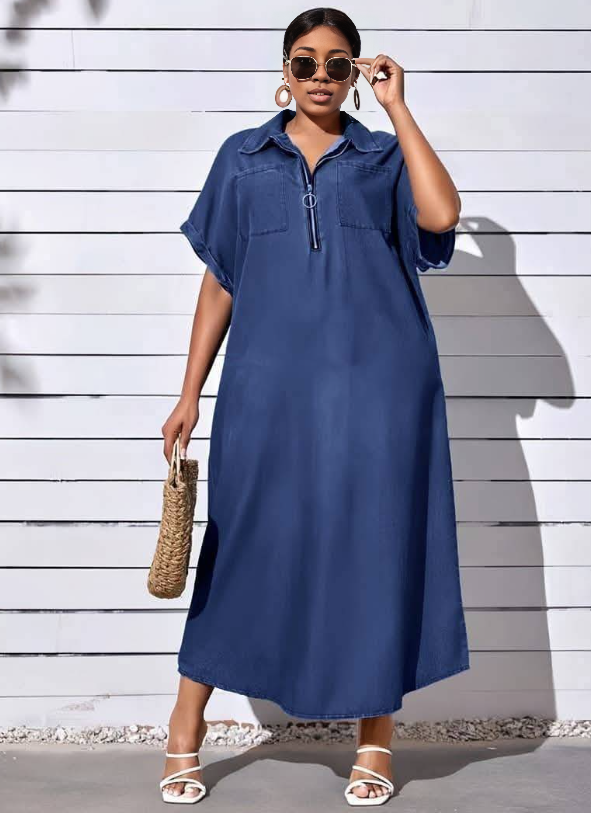Dark-blue shirt dress with zip front, chest pockets, and short sleeves