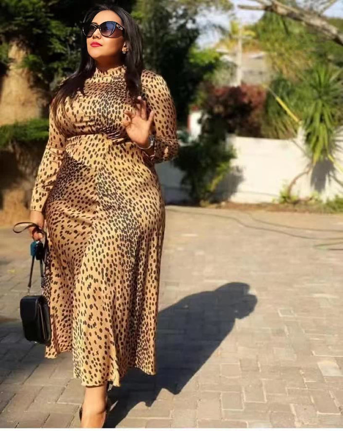 Leopard-print maxi dress with long sleeves and high neck, tan and dark spots