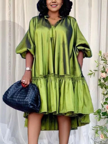 Tiered Ruffle Hem Short Sleeve  Loose Knee-Length Dress