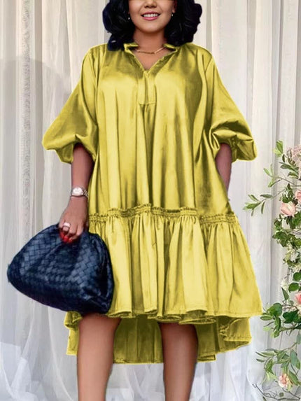 Ruffle hem party dress in yellow-green with gathered ruffle hem
