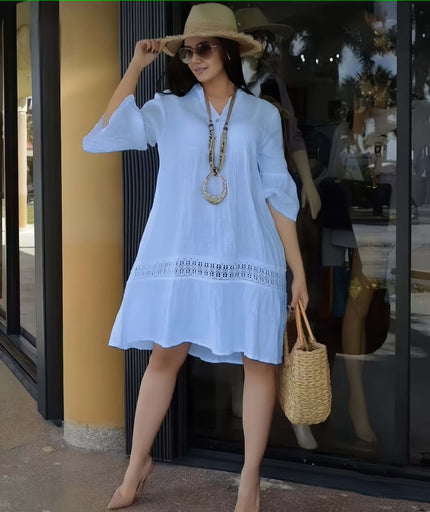 Plus size white lace-hem casual dress with tiered skirt and long sleeves