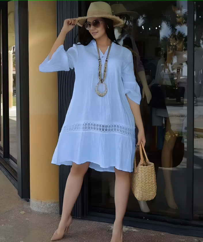 Plus size white lace-hem casual dress with tiered skirt and long sleeves