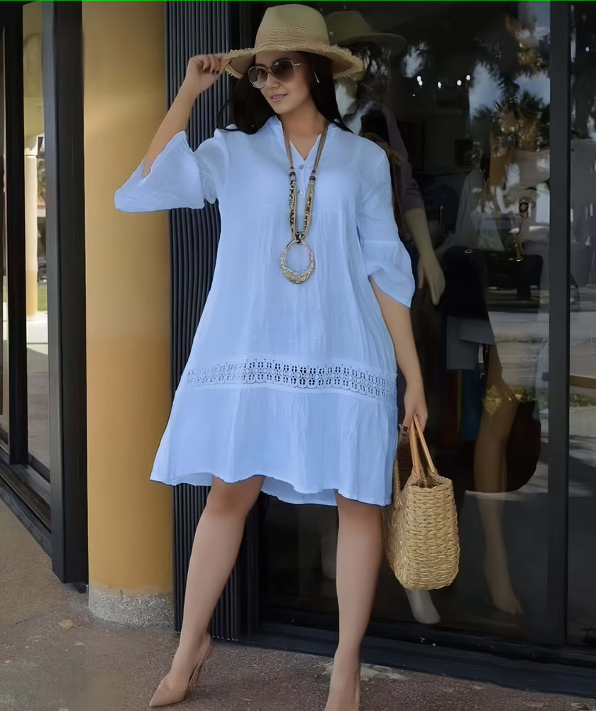Plus size white lace-hem casual dress with tiered skirt and long sleeves