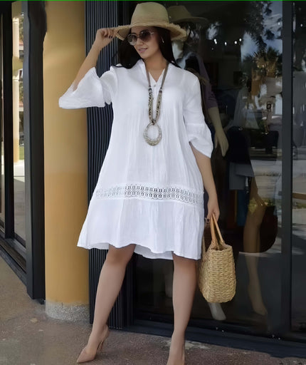 Plus size white lace-trim casual dress with gathered yoke and long sleeves