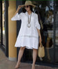 Plus size white lace-trim casual dress with gathered yoke and long sleeves