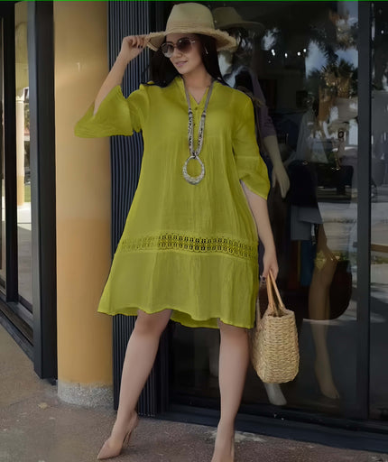 Plus size green-yellow lace-hem casual dress with tiered skirt and long sleeves