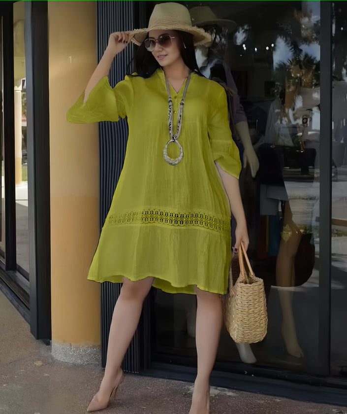 Plus size green-yellow lace-hem casual dress with tiered skirt and long sleeves