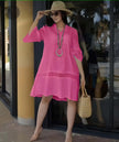 Plus size pink lace-hem casual dress with tiered skirt and long sleeves