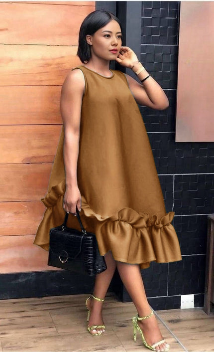 Sleeveless A-line ruffle hem dress, brown, gathered ruffle detail at the hem