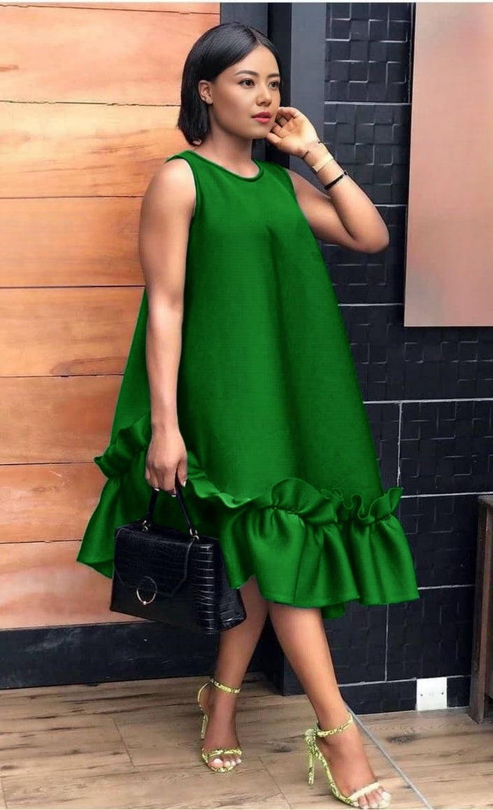 Sleeveless A-Line Dress with Ruffled Hem Design