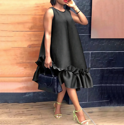 Sleeveless A-line ruffle hem dress, black, gathered ruffle at the hem