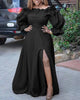 Ruffle Neckline and Sleeve Long Evening Dress with Thigh-High Slit
