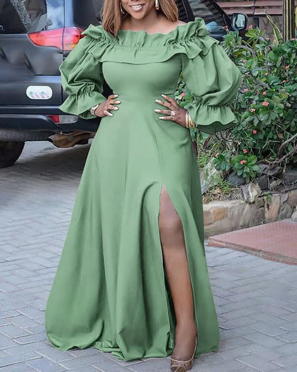 Ruffle Neckline and Sleeve Long Evening Dress with Thigh-High Slit