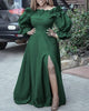 Ruffle Neckline and Sleeve Long Evening Dress with Thigh-High Slit