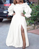 Ruffle Neckline and Sleeve Long Evening Dress with Thigh-High Slit