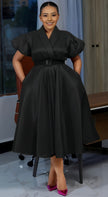 Black belted puff-sleeve midi dress with V-neck and gathered waist, A-line skirt