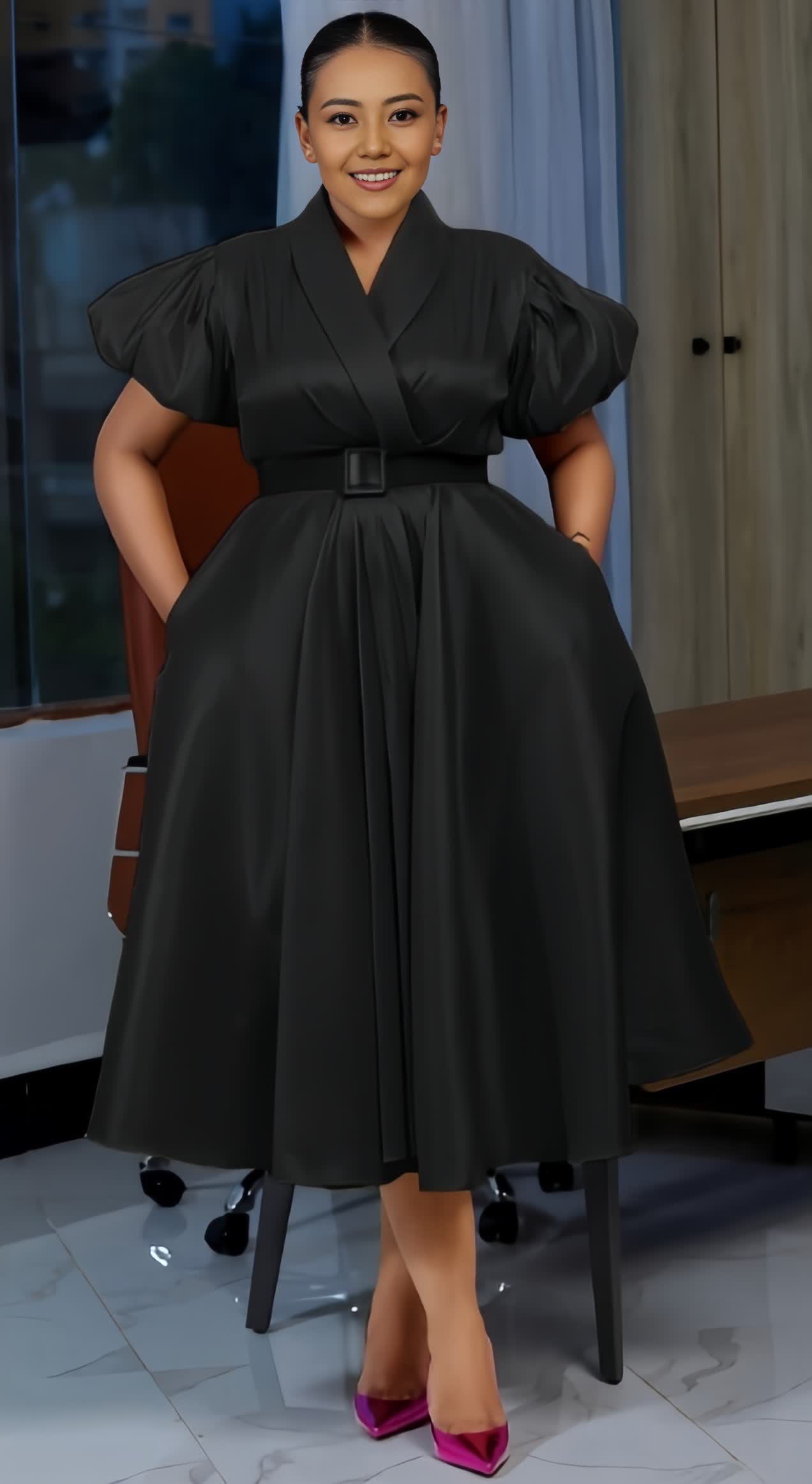 Black belted puff-sleeve midi dress with V-neck and gathered waist, A-line skirt