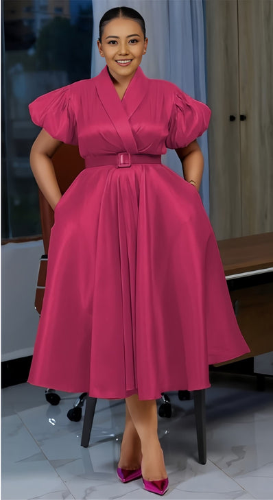 Hot pink puff-sleeve belted midi dress with pleated skirt
