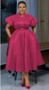Puff Sleeve V-Neck Mid-Length Dress with Belted Waist