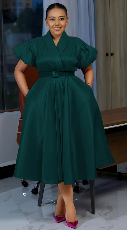 Green belted puff-sleeve midi dress with V-neck, cinched waist and A-line skirt