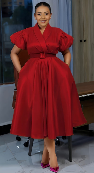 Red puff-sleeve belted midi dress with pleated A-line skirt