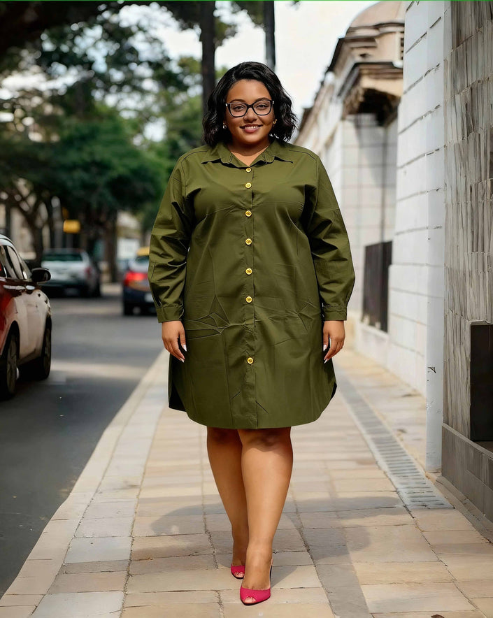 Plus size button-down dress, dark green collared front with buttons; gathered waist.