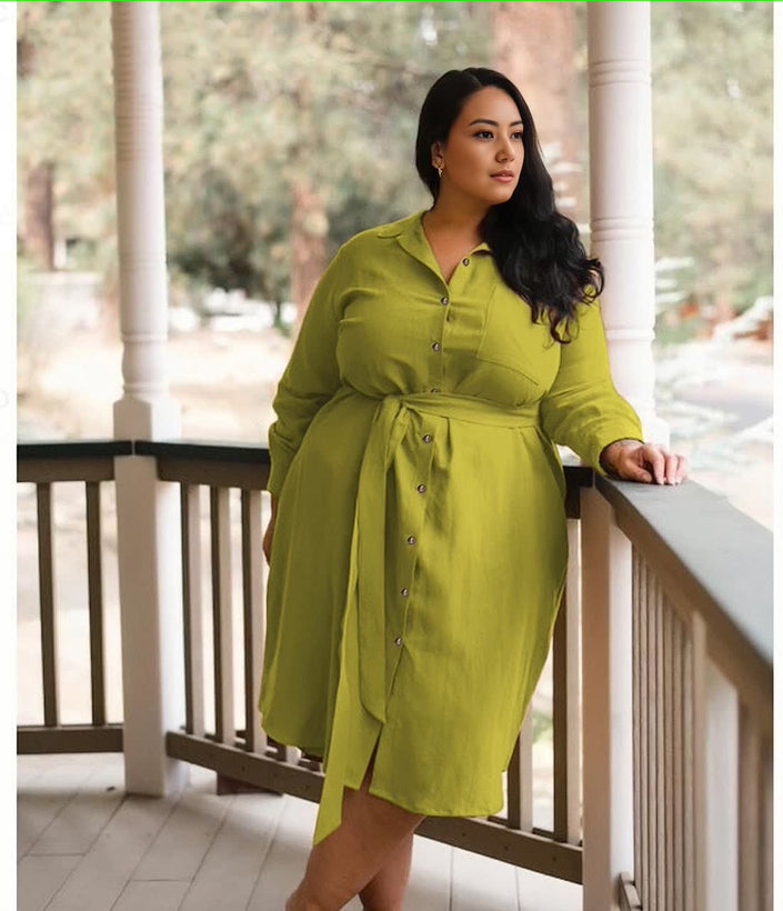 Yellow-green belted shirt dress, long sleeves, button front, midi length.