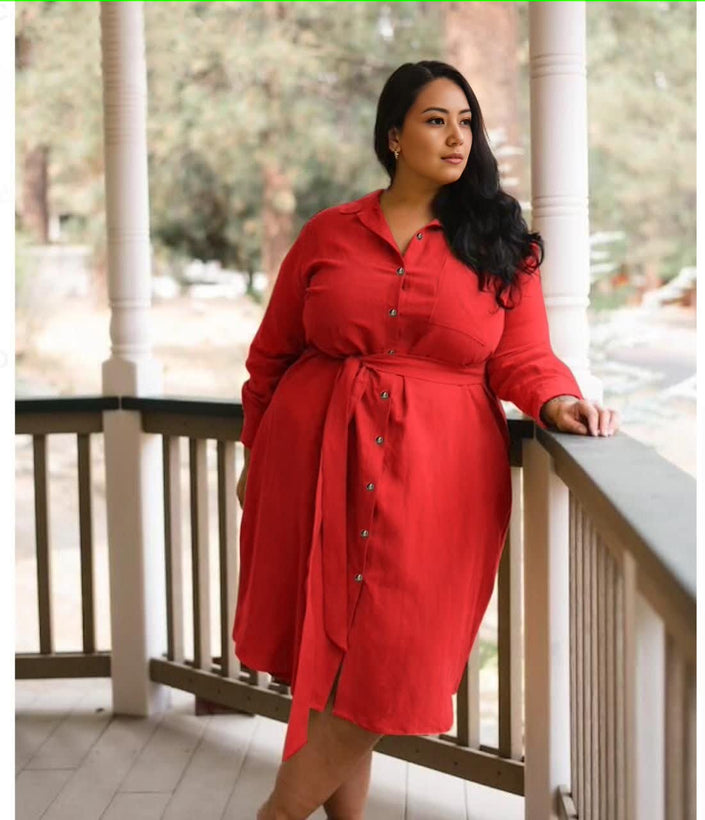Red belted shirt dress, long sleeves, button front, midi length.