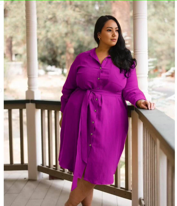 Purple belted shirt dress, long sleeves, button front, midi length.